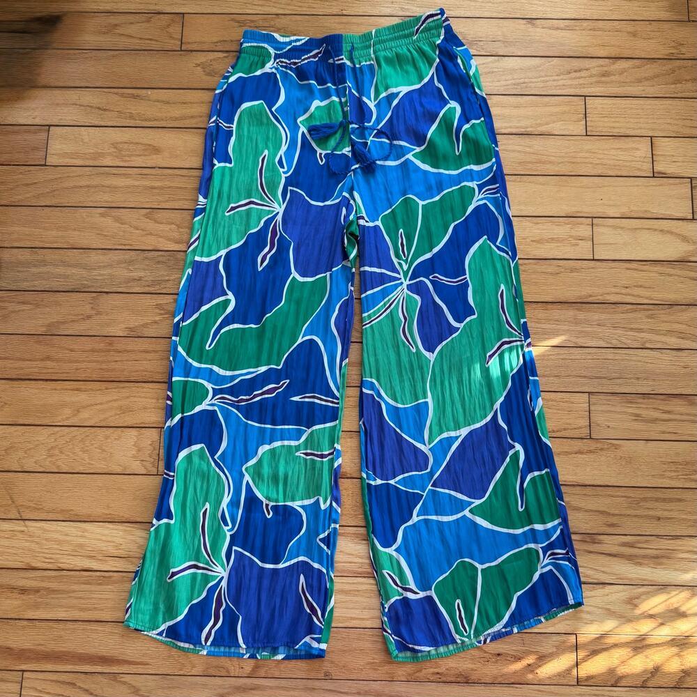 C&C California Blue Green Tropical Wide Leg Pants Elastic Waist BeachResort Wear